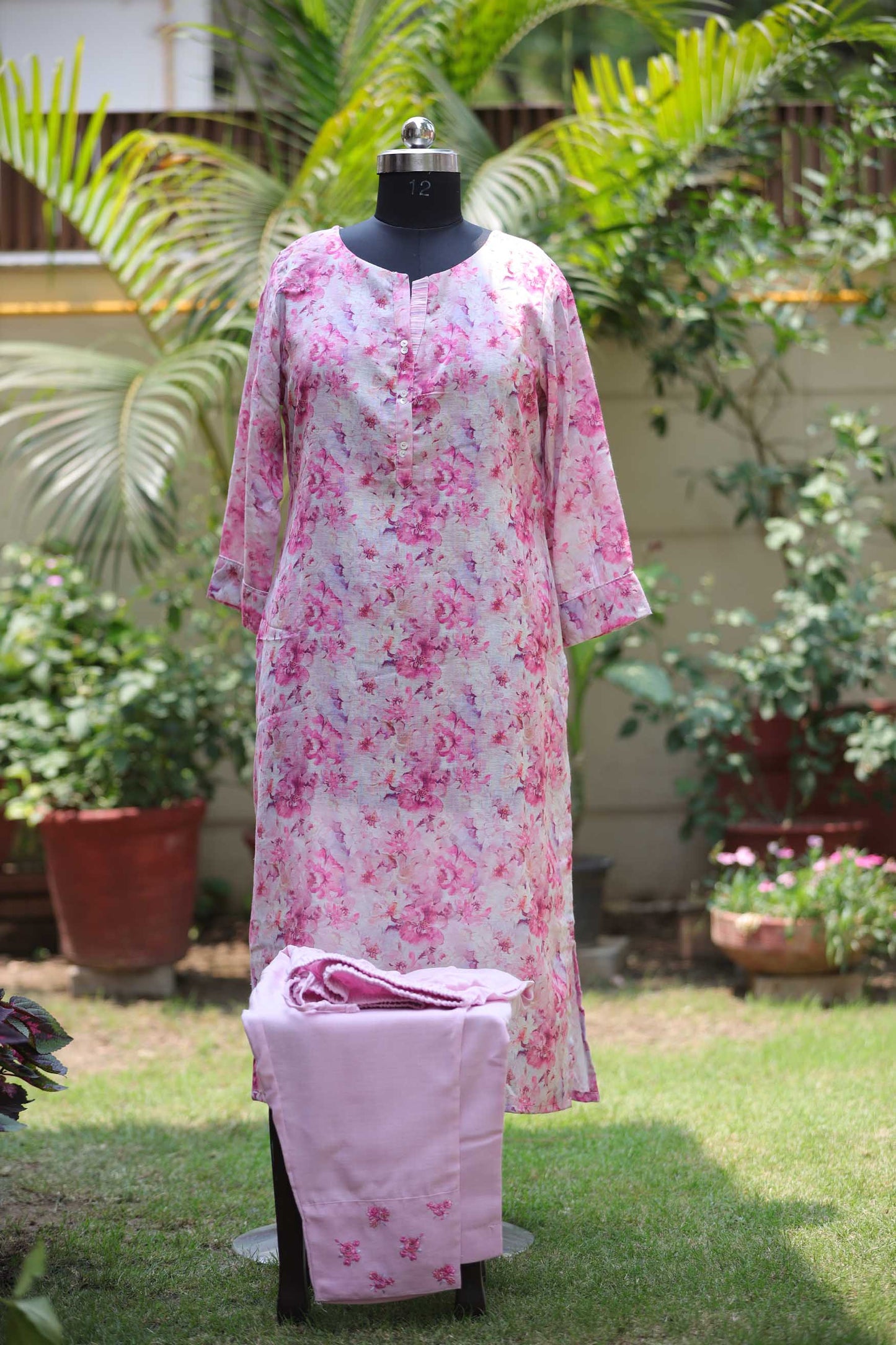 LINEN PRINTED KURTA SET PINK