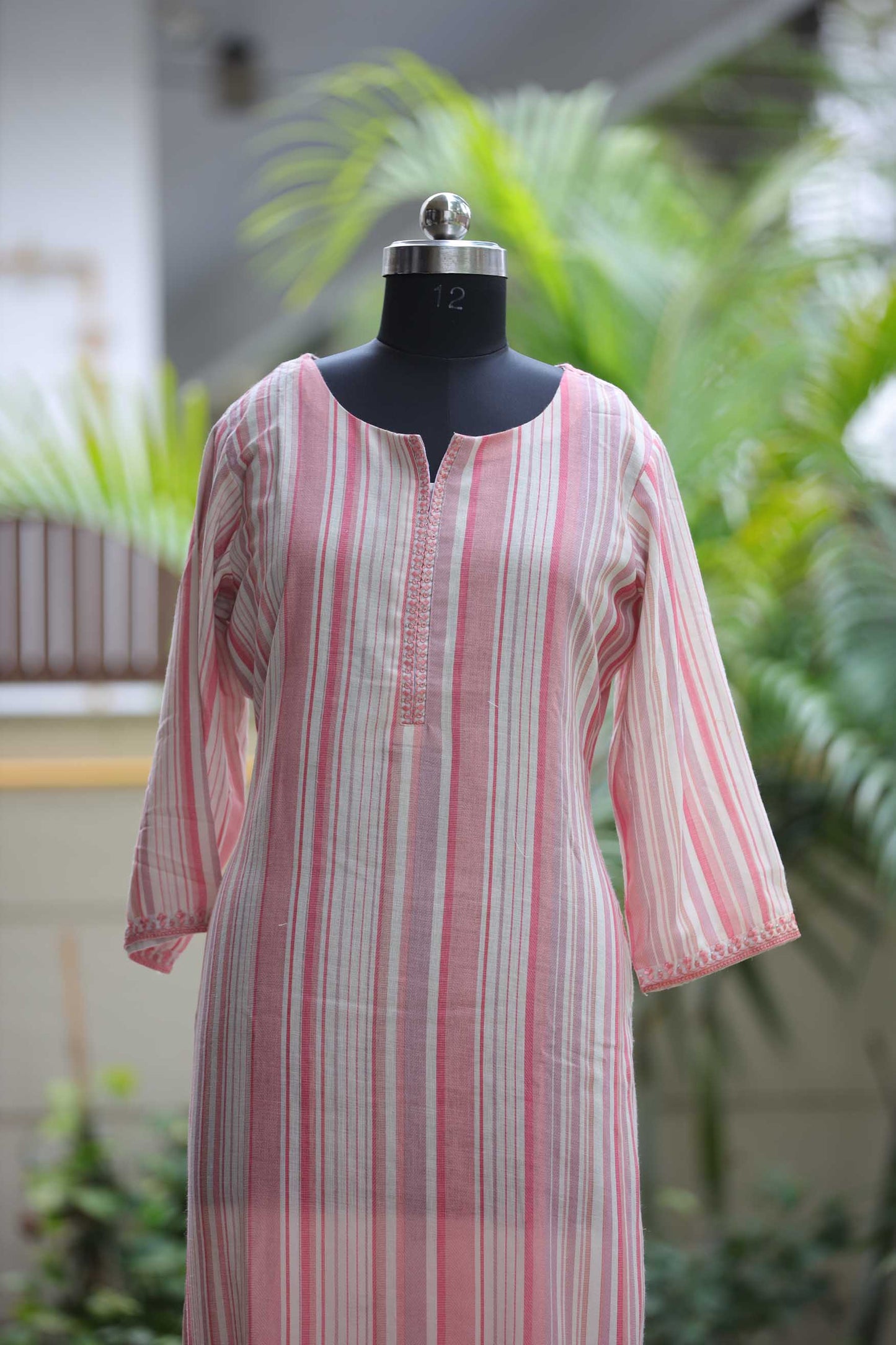 LINEN STRIPED KURTA SET PEACH
