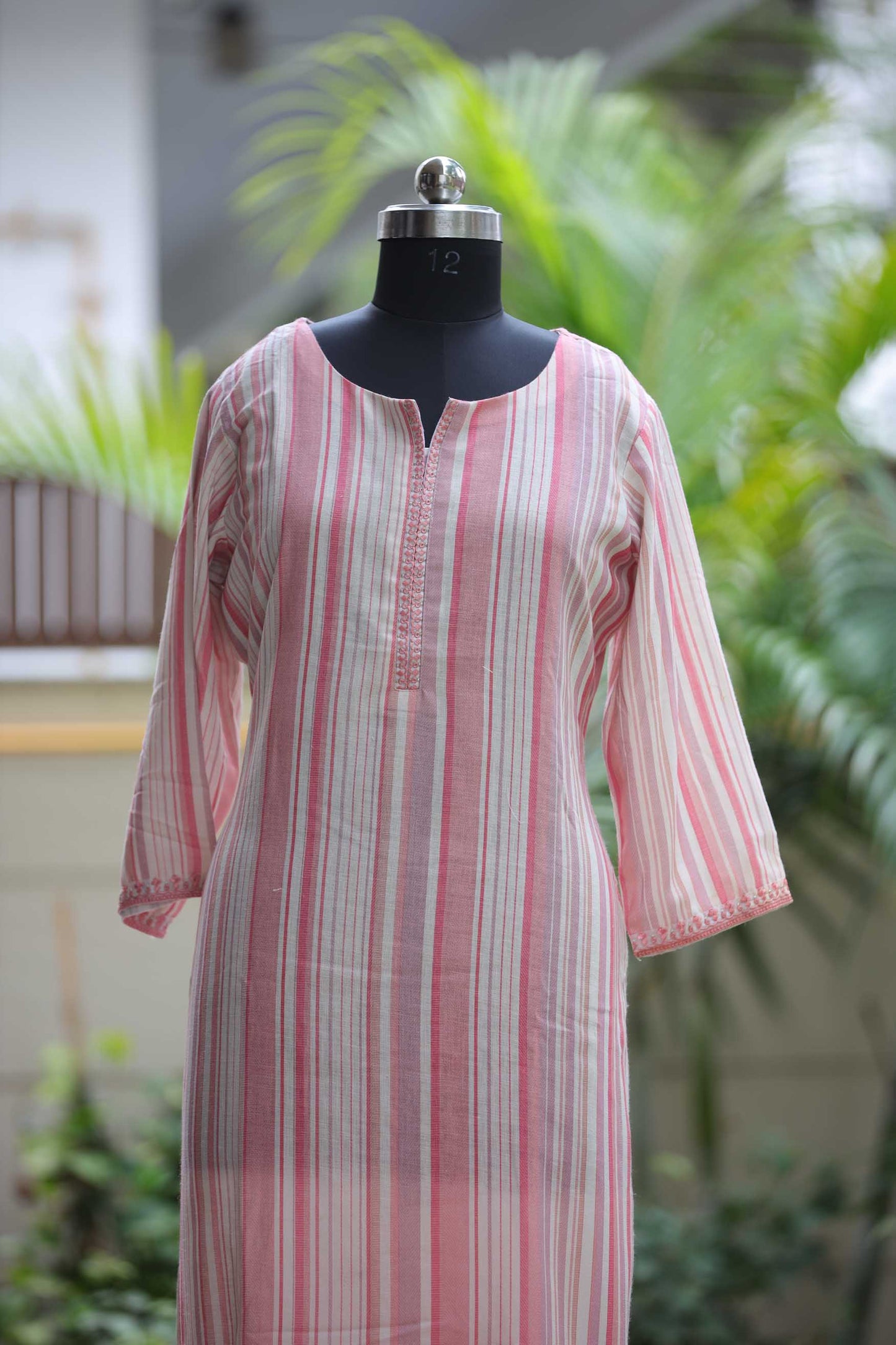 LINEN STRIPED KURTA SET PEACH