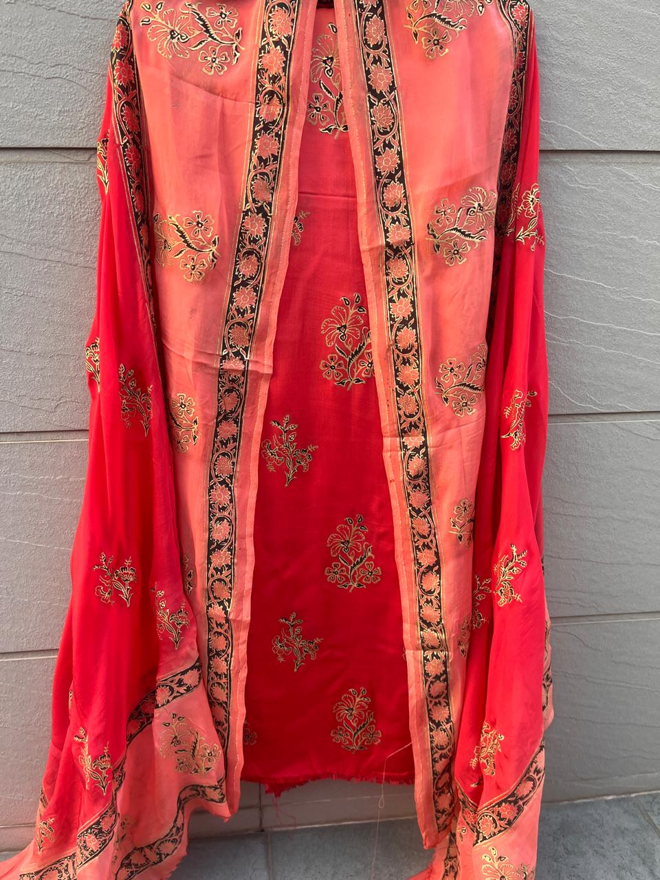 BLOCK PRINT MODAL SATIN PEACH SUIT