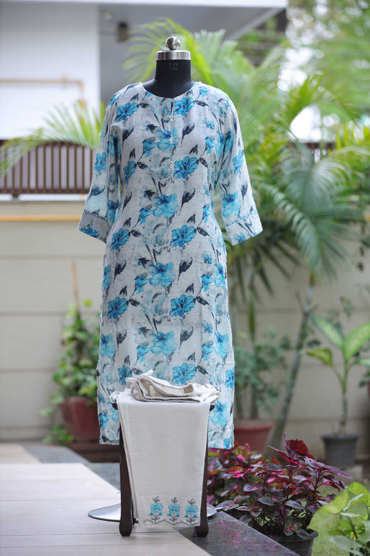 LINEN PRINTED KURTA SET BLUE