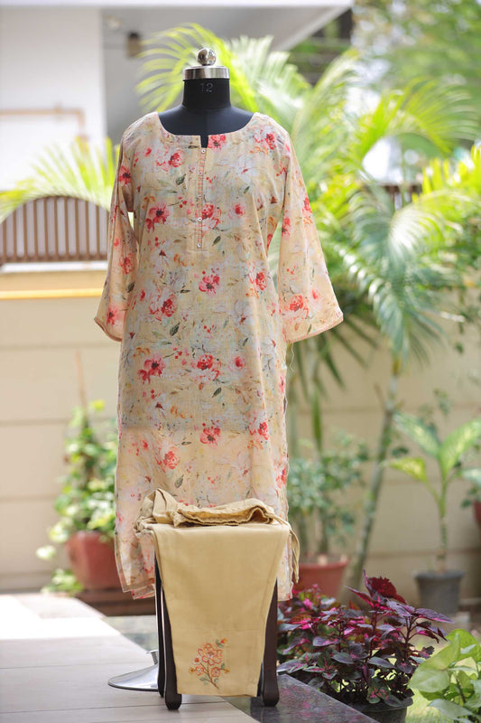 LINEN PRINTED KURTA SET YELLOW