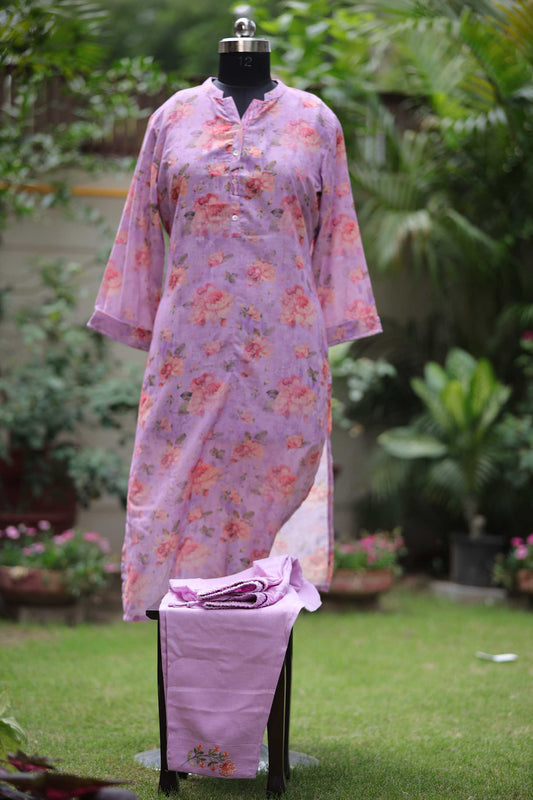 LINEN PRINTED MOUVE KURTA SET
