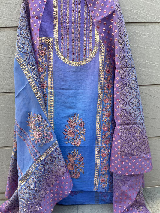 RAW SILK SUIT WITH BLOCK PRINT DUAL SHADE