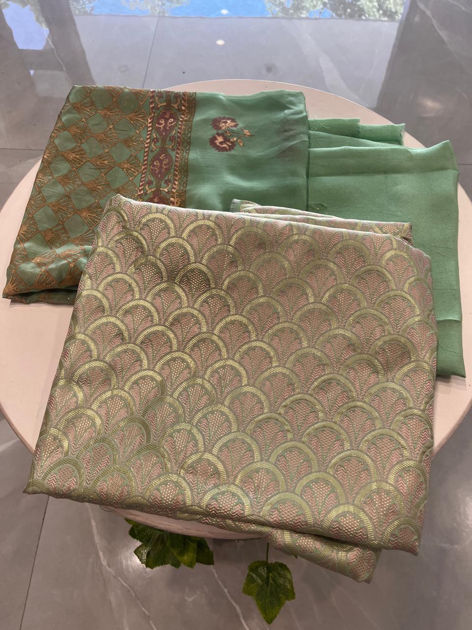 BROCADE GREEN SUIT WITH BLOCK PRINT DUPATTA