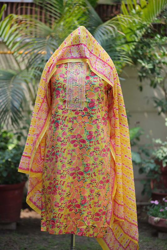YELLOW COTTON PRINTED DUPATTA SUIT