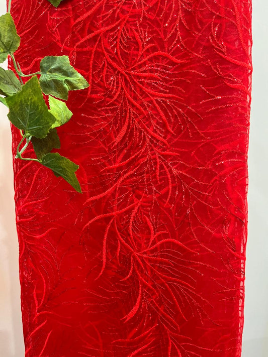 RED NET WITH THREAD EMBROIDERY