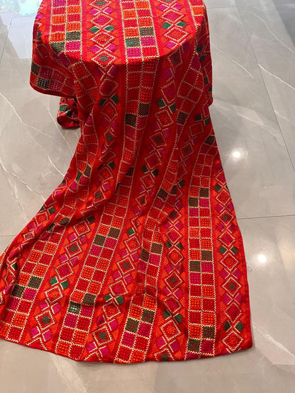 Phulkari with square booty's pattern embroidery