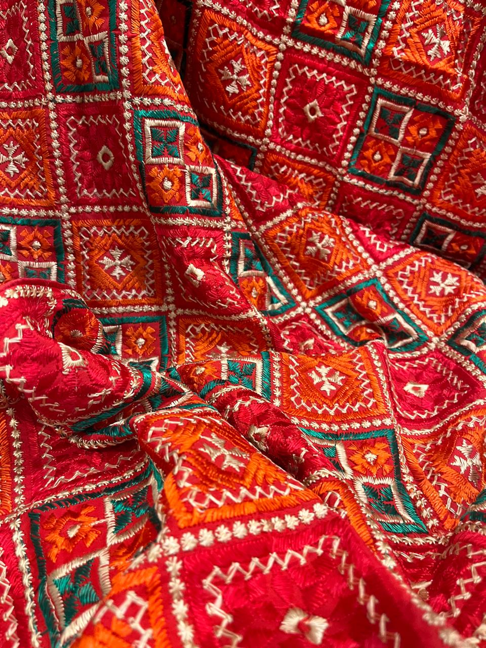 Phulkari with square booty's pattern embroidery