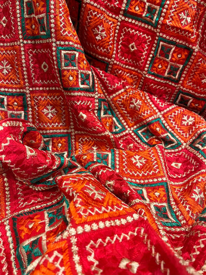 Phulkari with square booty's pattern embroidery