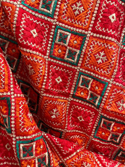 Phulkari with square booty's pattern embroidery