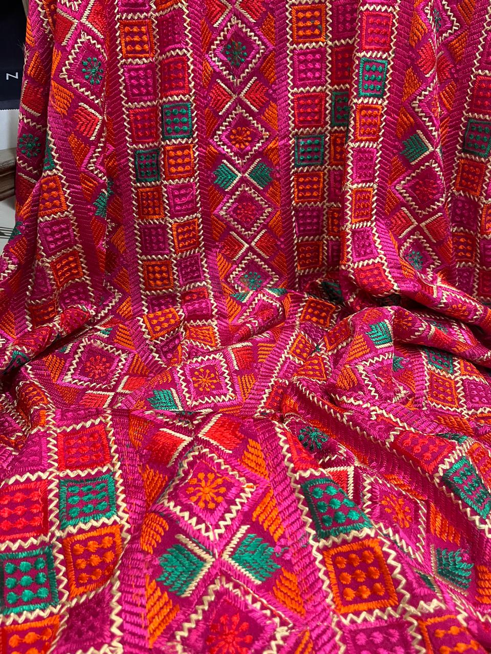 Phulkari with square booty's pattern embroidery