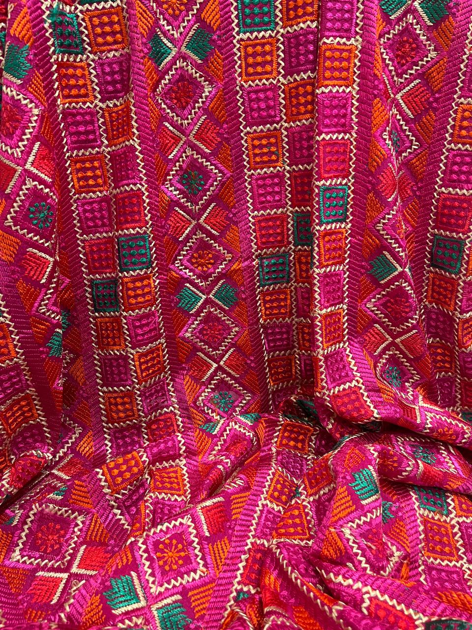 Phulkari with square booty's pattern embroidery