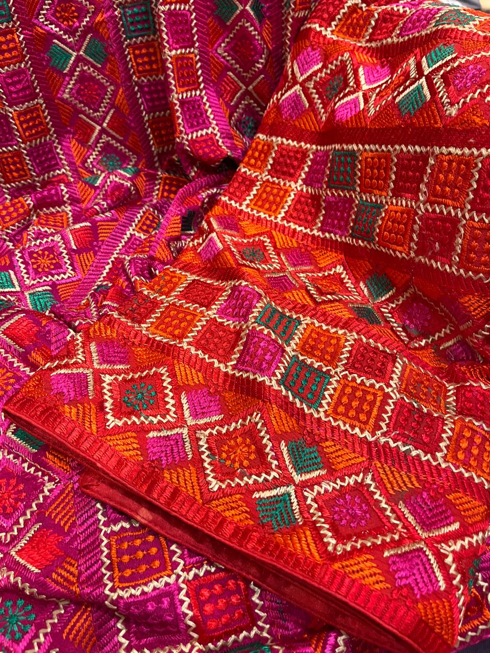 Phulkari with square booty's pattern embroidery