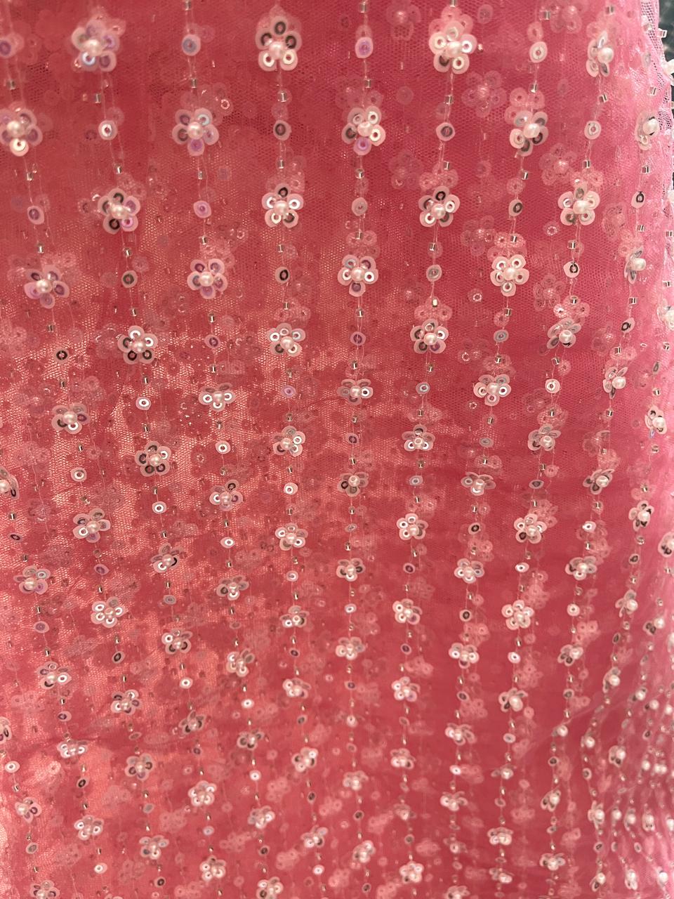 Net pink colour  with pearls embroidery