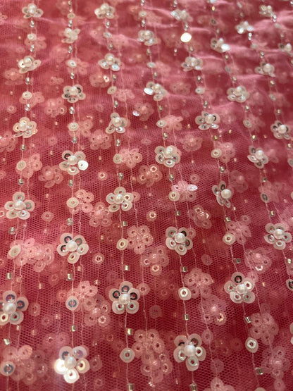 Net pink colour  with pearls embroidery